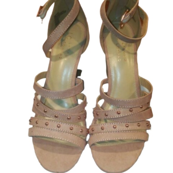LC LAUREN CONRAD Sandals Block High Heels Strappy Faux-Suede Studded Mauve Pink - Picture 7 of 8